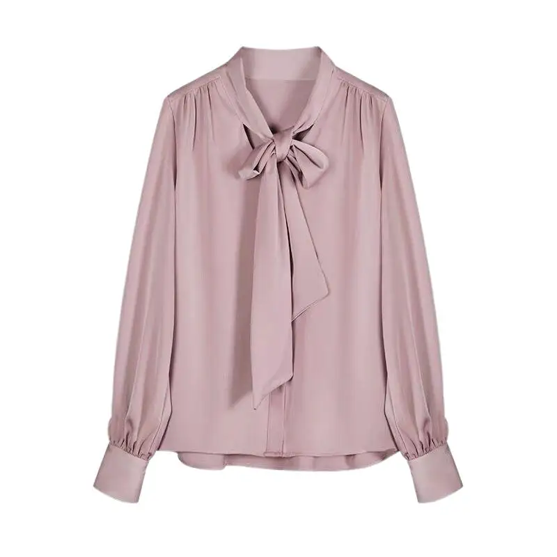 Spring Satin Shirt Women Fashion Elegant Lace Up ice silk Blouse office Ladies Imitation Silk Long Sleeve Shirt plus size 5XL