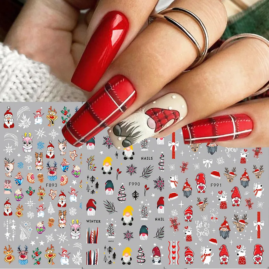 Cartoon 3D Santa Claus Snowman Nail Stickers Christmas Series Nail Art Decoration Relief Snowflakes Leaves Stickers For Nails