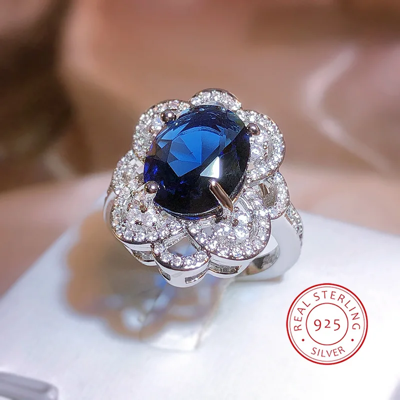 Wysokiej klasy imitacja niebieskiego kryształu pierścionek otwierający Super błyszczący pełny diament cyrkonia luksusowa moda biżuteria damska ze srebra próby 925