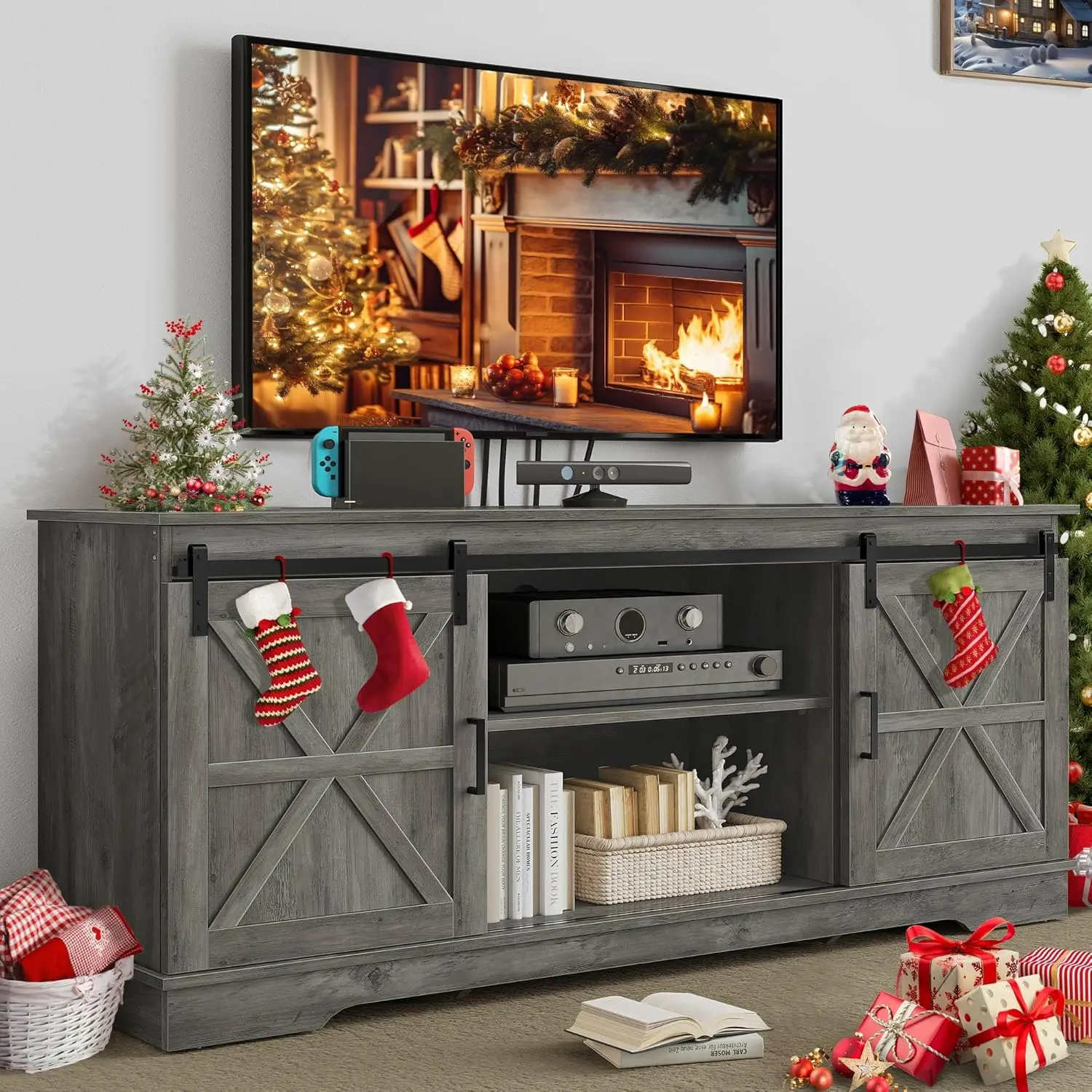 

Farmhouse TV Stand for 65/60/55 Inch, Modern Entertainment Center with Sliding Barn Door, Wood TV Media Console Storage