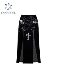 Goth Vintage Black High Split Skirts Aesthetic Sexy High Waist Bow Bodycon Long Skirt Elegant E Girl Punk Partywear Clothes Y2k