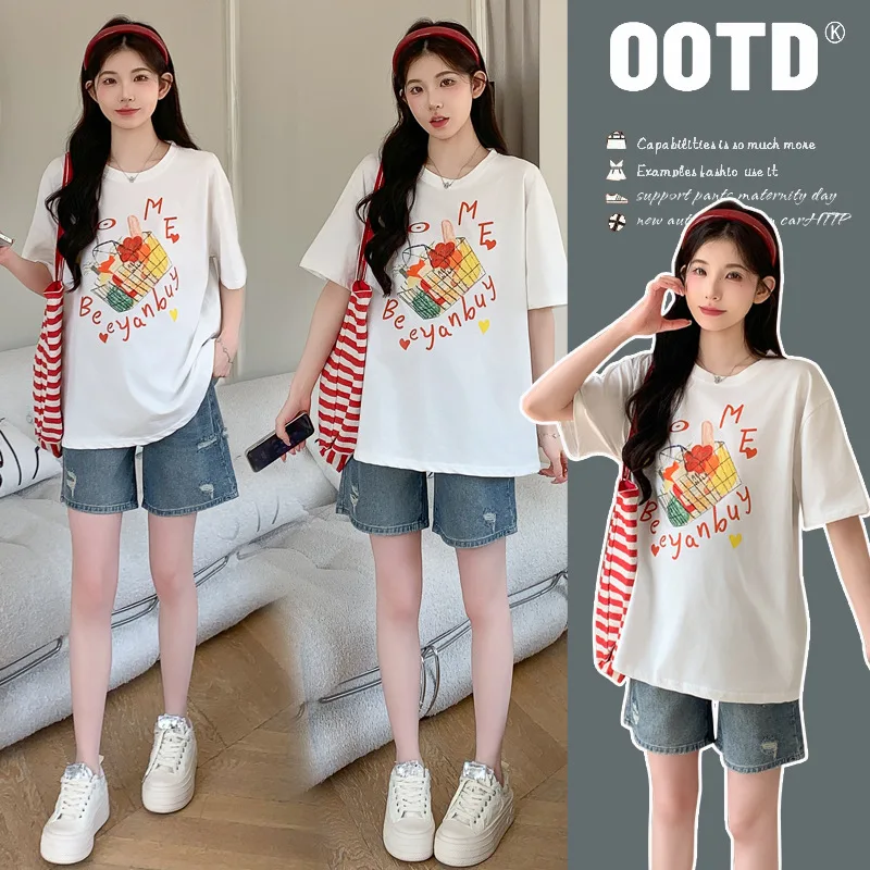 

Fashionable Maternity Set Summer New Casual Short Sleeve Cartoon Tee with Shorts Trendy Two Piece Outfit for Pregnant Women