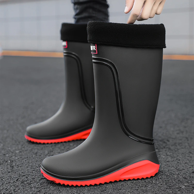 Men's High-Top Casual Cotton Rain Boots Winter Fashion Warm Plush Waterproof Anti-Slip Fishing Water Shoes Car Wash Rain Shoes