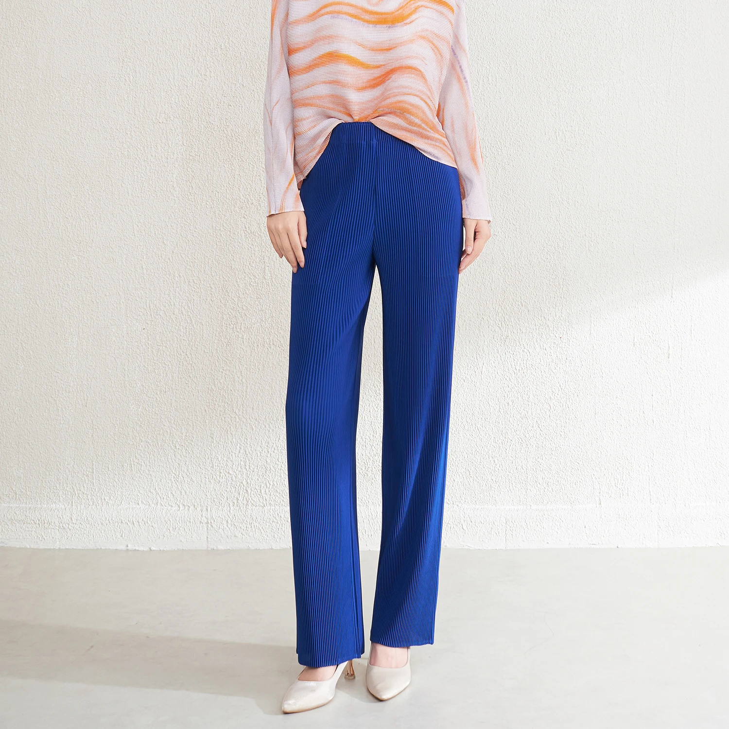 고품질 미야케 플리츠 공장 여성 캐주얼 스트레이트 바지 폴리에스터 원단 플리츠 공예 바지