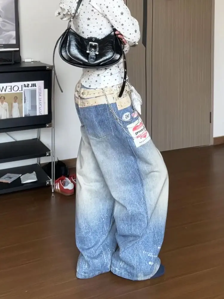 ديبتاون الأزرق خمر الجرافيك المرأة المتعثرة الجينز غسلها واسعة الساق النمط الأمريكي مستقيم سراويل جينز فضفاض عادية Gyaru