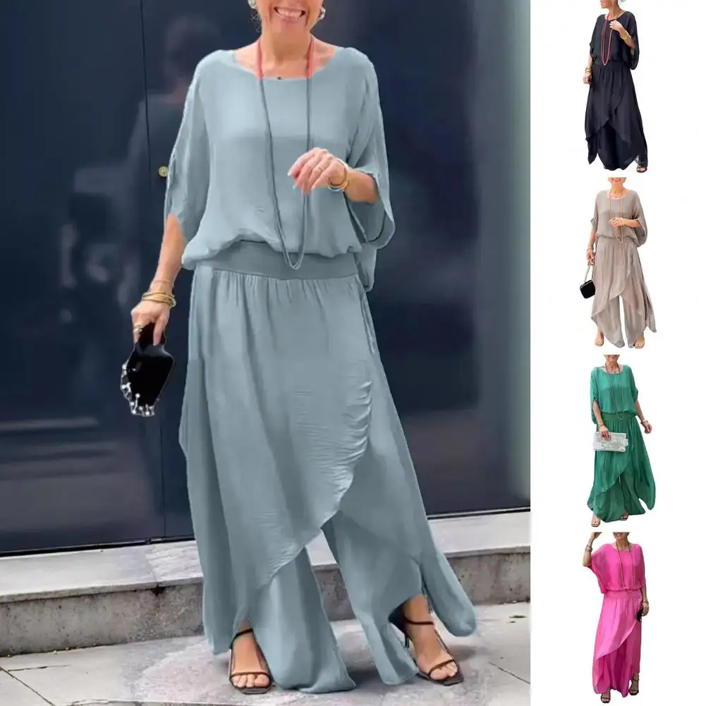 

Women Chiffon Two-piece Set Elegant Mother of Bride Chiffon Suit Set for Wedding Guest Outfit Plus Size Crew Neck Top with Wide