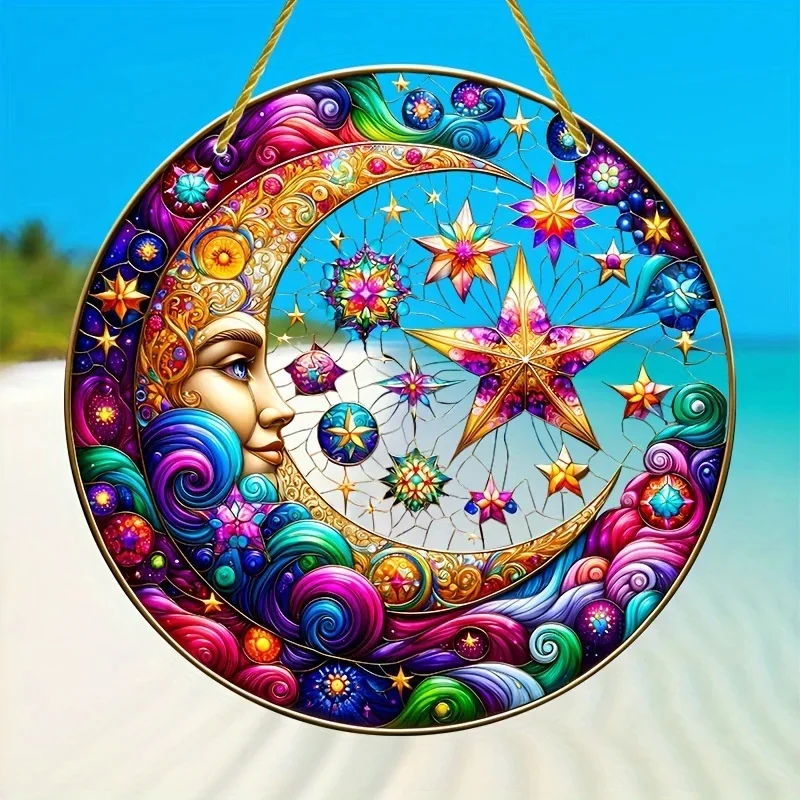 Sun and Moon God, Yin and Yang Aesthetic Art, Sun Catcher, Sunshade, Stained Window Hanging,acrylic Creative Round Wreath Sign