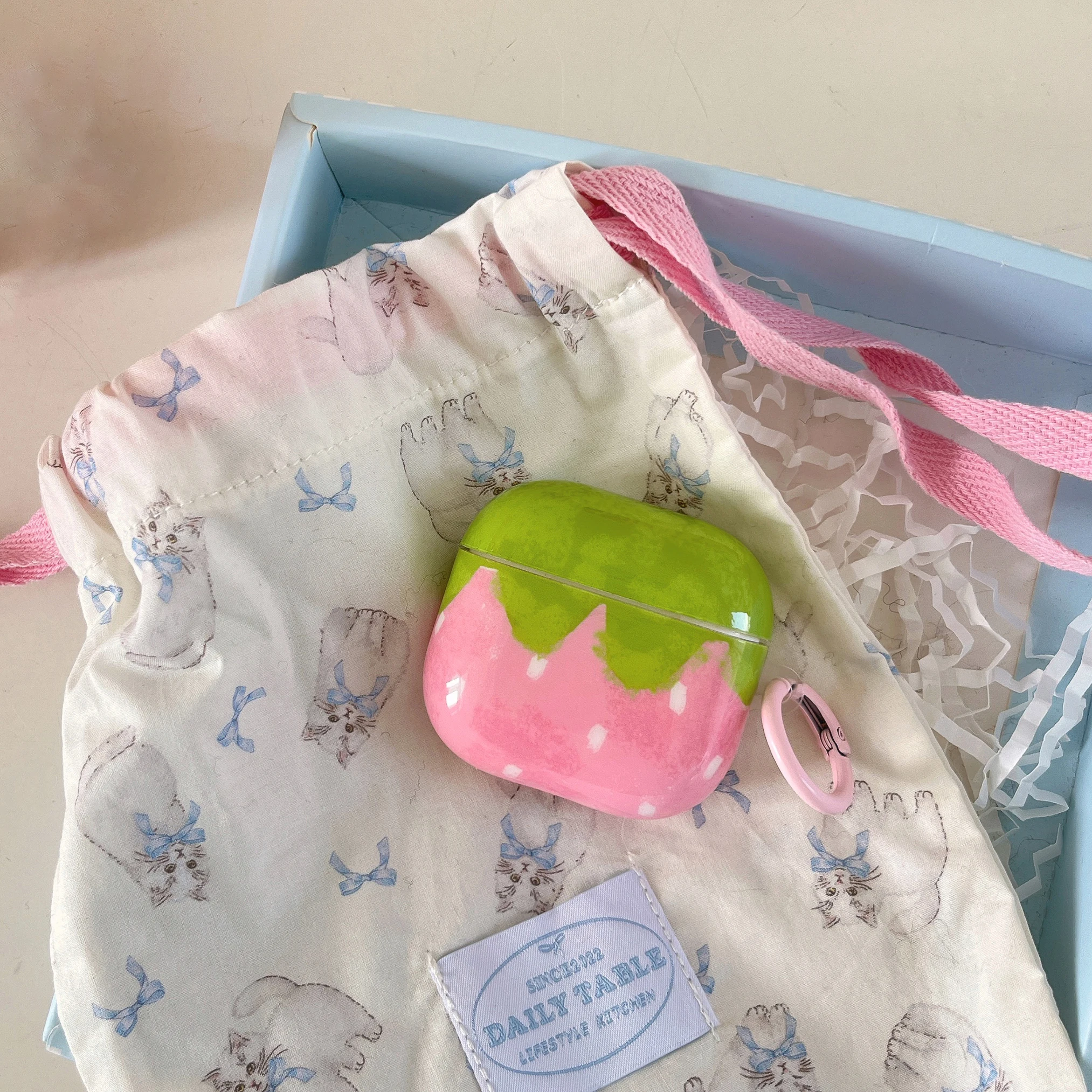 Pink-Green Strawberries Pattern IMD Earphone Case with Pendant for Apple Airpods 1, 2, 3, 4, 5, Pro, Pro2, Pro3
