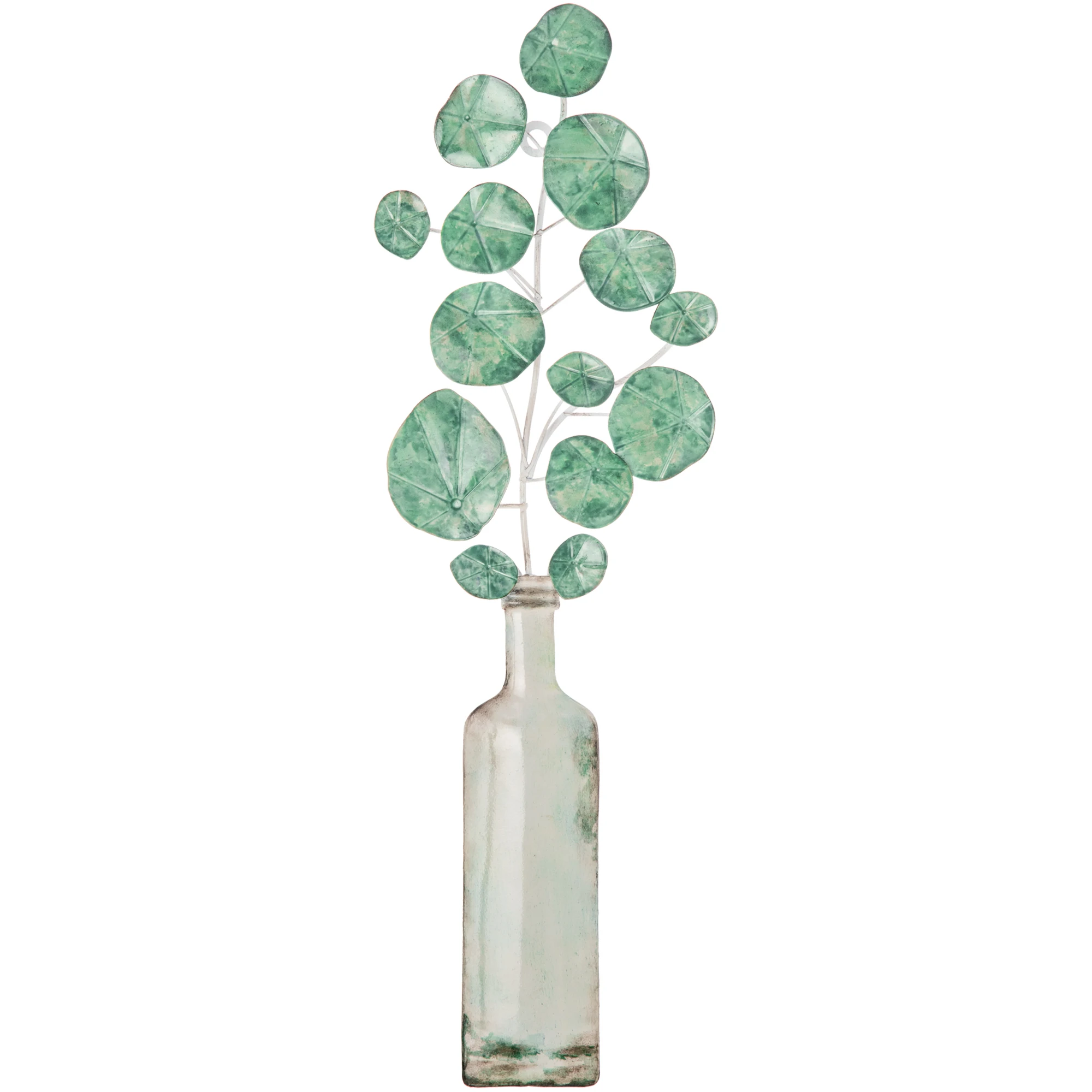 HOMCOM Wall Decoration Metal 3D Wall Sculpture with Green Plant in Vase 18x56 cm Metal Wall Ornaments for Living Room Bedroom Office Green and Silver