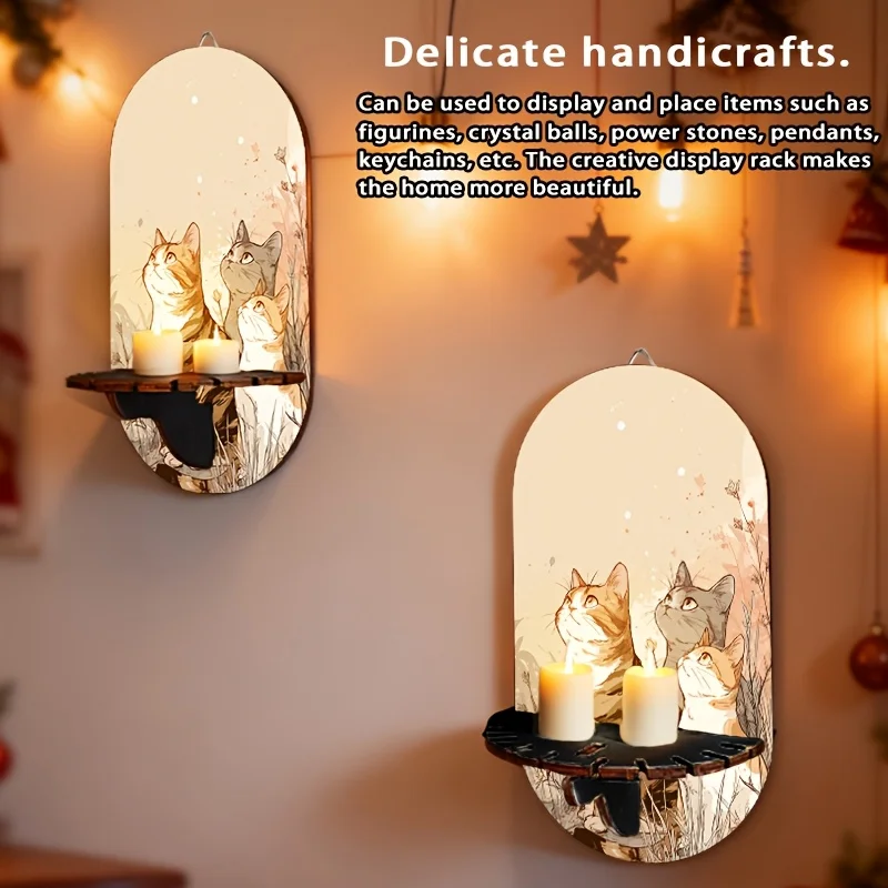 

1pc Wooden Wall-Mounted Candle Holder Storage Rack Multi-Functional Wall Storage Display Rack Printed with Three Cats Looking