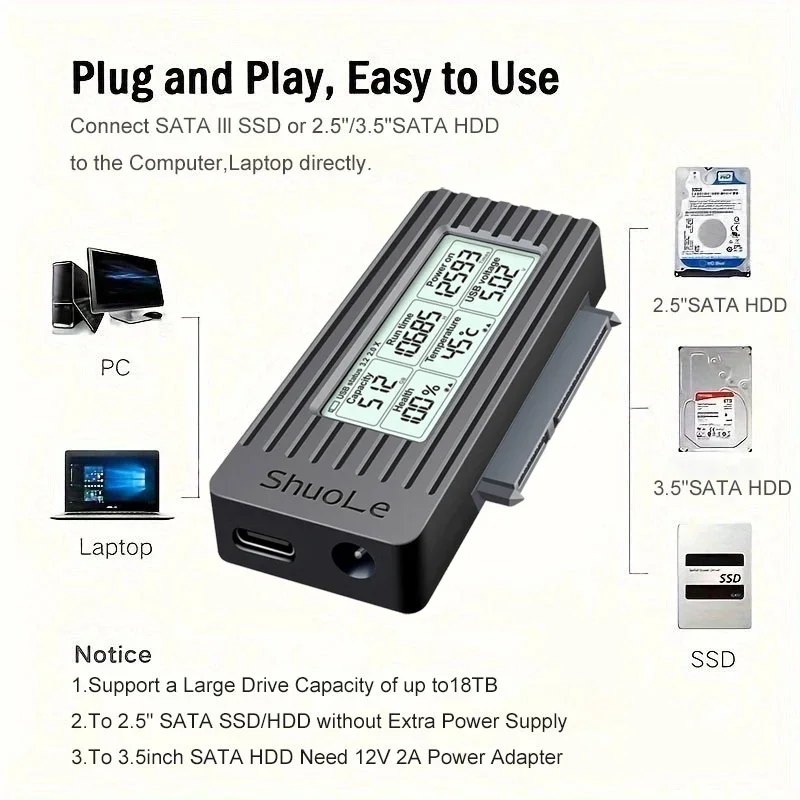 USB 3.2 3.0-SATA III 어댑터 변환기 케이블 2.5/3.5 인치 SSD HDD 하드 드라이브 용 디지털 디스플레이 케이스 노트북 PC 용 외부