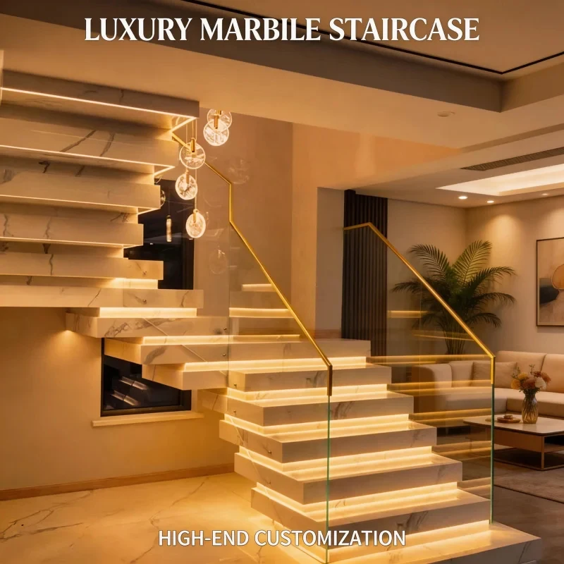 custom.Marble Design Indoor Floating Stair Kits Glass Railing Marble Stair Steps Modern Stairs