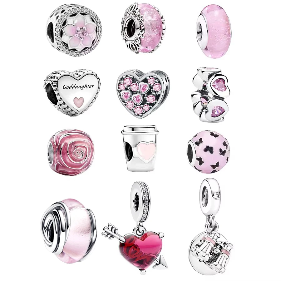 Tasse à café rose en verre de Murano, tortue de mer, perle de charme rose, convient au bracelet européen original en argent regardé 925, bijoux