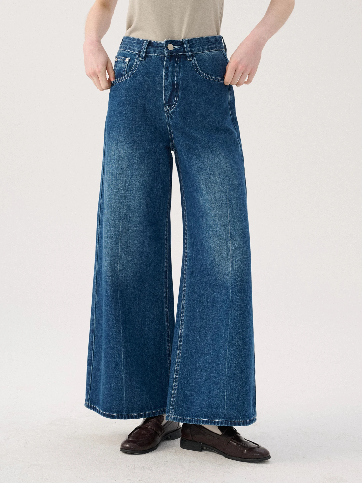 

Джинсы Sullenger Vintage Blue: широкие прямые брюки для женщин, свободные, стройнящие, универсальные, из драпированного денима, с высокой талией, из смесового хлопка, цветные