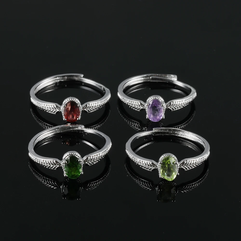 100% piedra preciosa natural, amatista, granate, peridoto, diópsido, chapado en cobre con anillo ajustable de plata para mujer, joyería de regalo