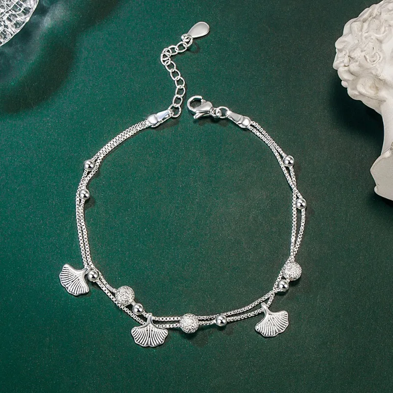 

Luxury 925 Sterling Silver Leaf Bracelets For Women Girls Vintage Korean Double Layer Beaded Party Fine Jewelry Gifts