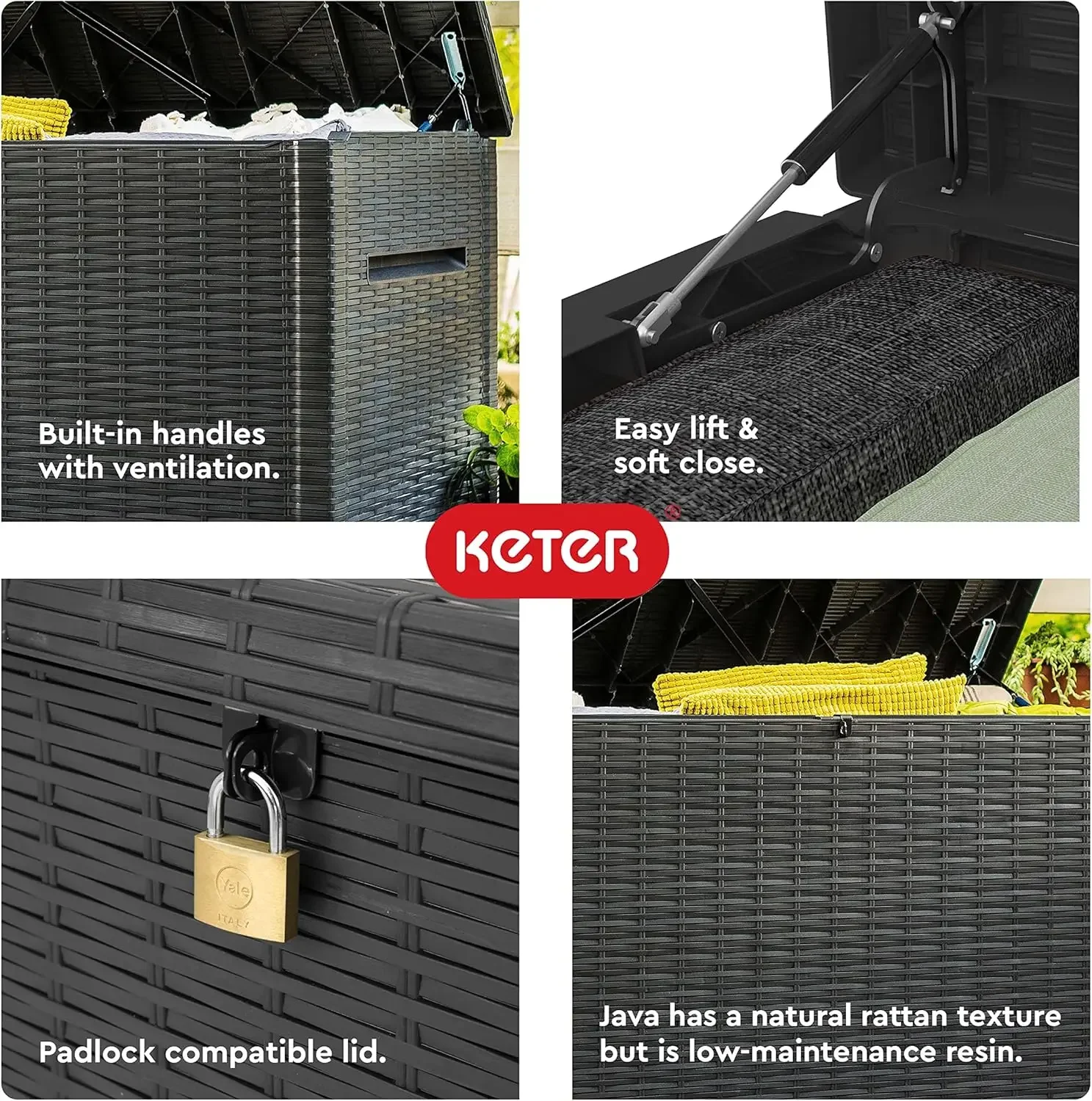 Keter Java-Rattan Armazenamento Deck Box para Mobiliário Pátio, Grandes Almofadas Ao Ar Livre, Piscina Brinquedos e Jardim, Resina Look, XXL, 230 Galão