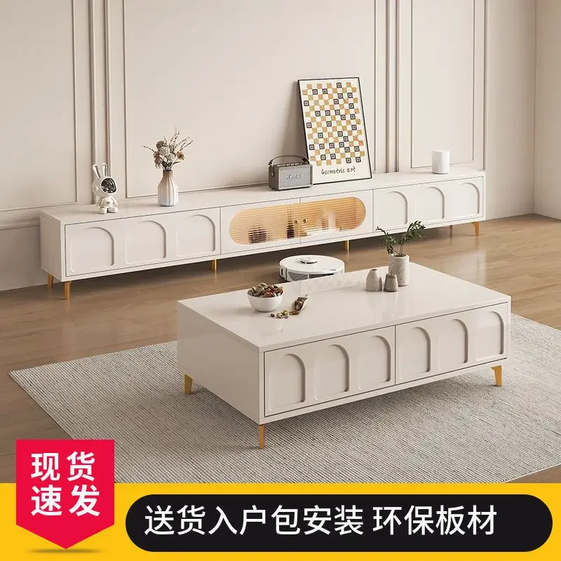 Cream wind TV cabinet Floor-to-ceiling coffee table One-piece combination Simple French small apartment Household white