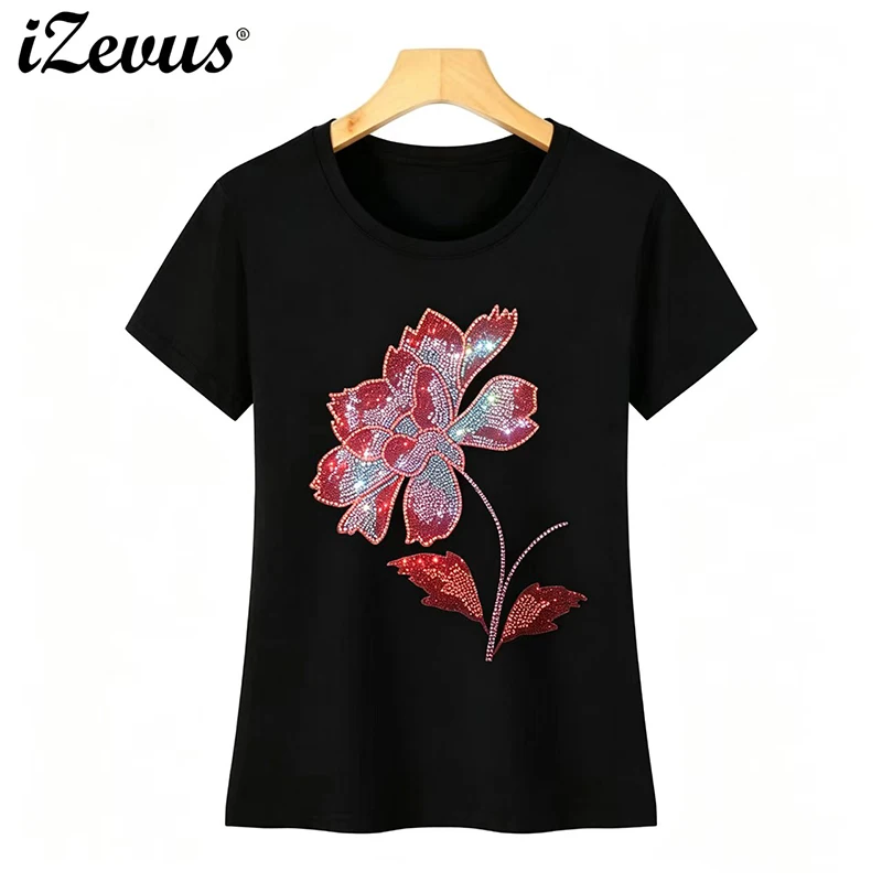 Women's Summer Casual T-Shirt with Fashionable Rhinestones, High-Quality Icesilk Cotton, Extra Sparkle in KTV and Stage Lighting