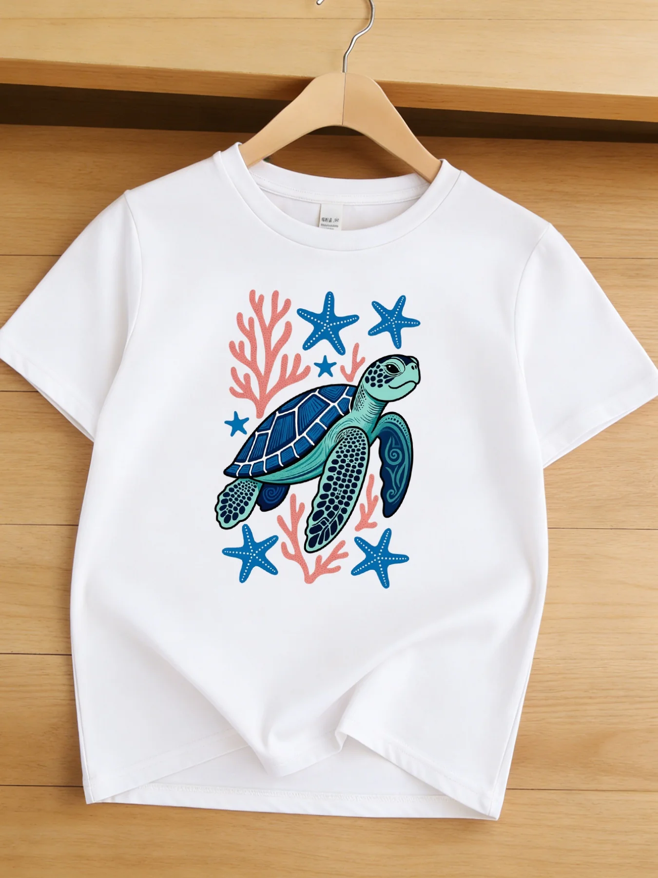 Kids Sea Turtle Starfish Coral Ocean Animal Graphic Tee Boys Girls Family Matching Short Sleeve Vivid Casual Everyday T Shirt