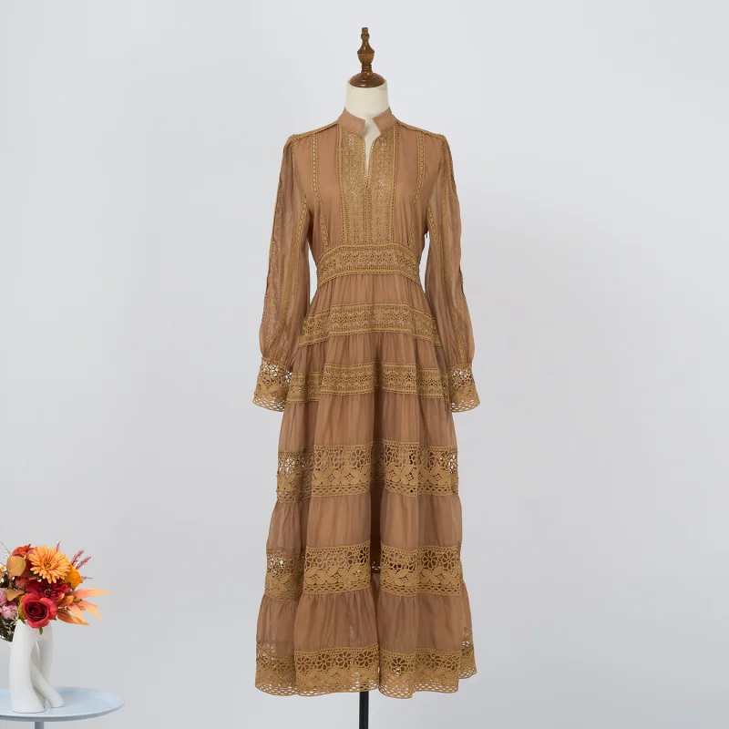 

Real Shot Australian Design Sense Stand Collar Patchwork Lace Hollow Out British Heavy Versatile Dress Long Skirt Large Sw