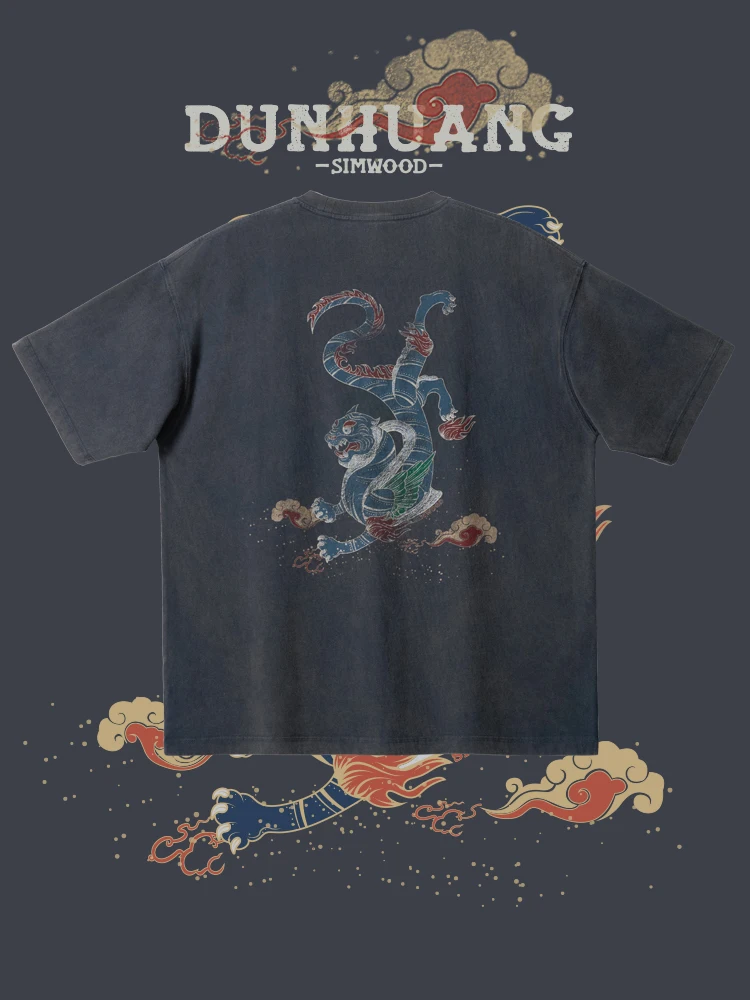 

SIMWOOD × Dunhuang Museum 2024 Summer New Super Loose Vintage Chinese Style T-shirts Men 270gsm Cotton Fabric Tops Plus Size Tee