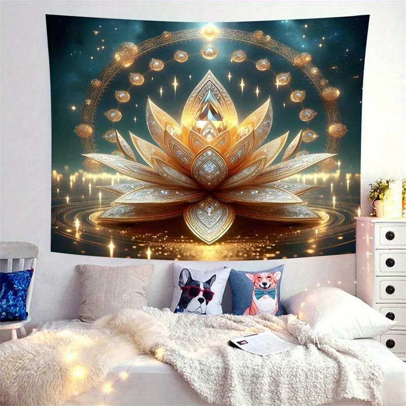 Holy Lotus Chakra Meditation Tapestry Golden Flower Living Room Bedroom Office Home Decor Wall Hanging