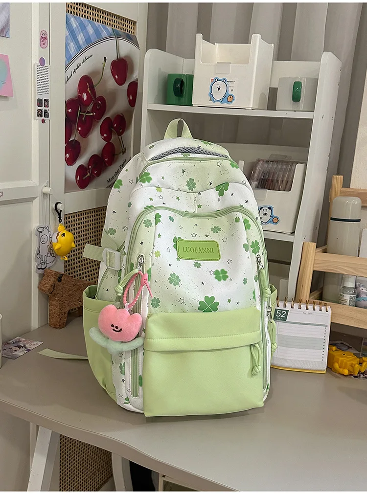 large-capacity-school-backpack-for-high-school-girls-four-leaf-clover-design-double-shoulder-forest-system-backpack