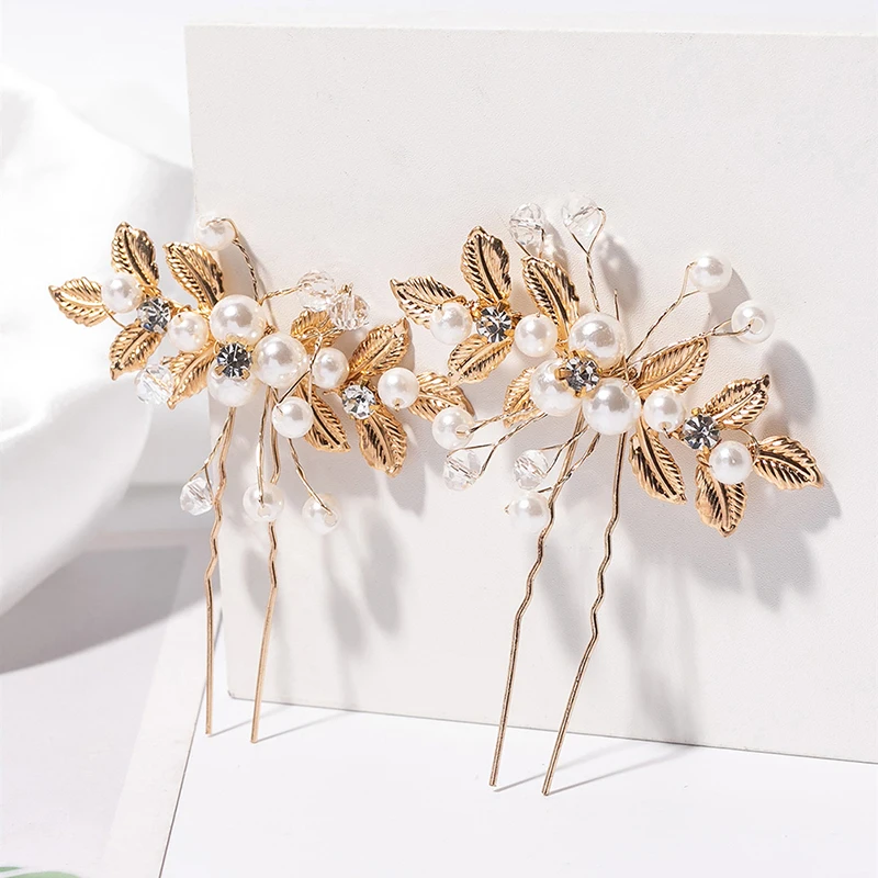 Retro Flower Leaf Hair Clips Pearl Crystal U-Shaped Ancient Style Accessories Wedding Performance Small Hairpin Bridal Headwear