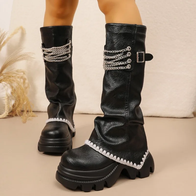 Fashion Punk Style Metal Chain Scalloped Stitching Women's Mid Calf Boots 2026 New Round Toe Thick Soled Buckle Strap Women Boot