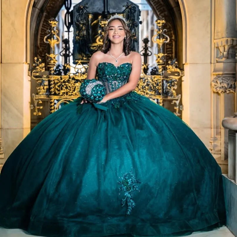 

Shiny dark green Quinceanera Dress off-shoulder crystal Lace 3D flower decal Long tail vestidos de 15 Quinceanera ﻿Customize