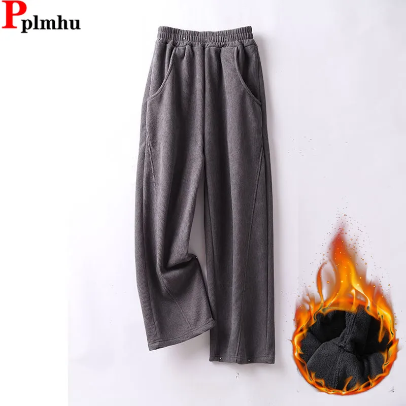 

Plush Velvet Lined Corduroy Straight Pants Winter Warm Baggy Pantalones Casual Basic Sweatpants Korea Fashion Women Spodnie