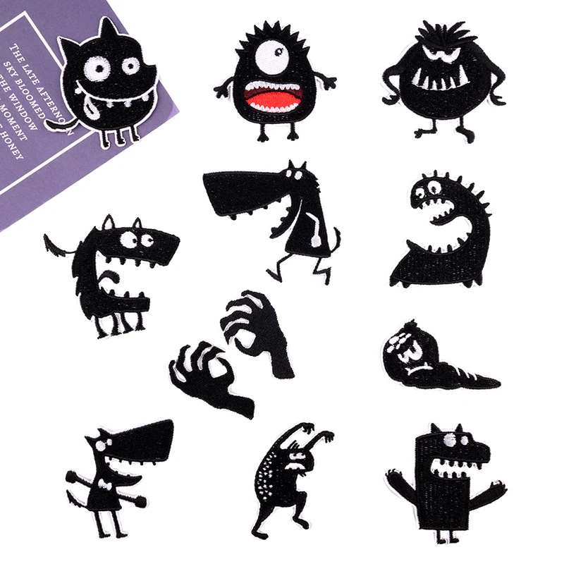 Fun Cartoon Monster Embroidery Patches Children\'s Backpack Jacket  Iron on Patches for Clothing Black Badge Decoration Accessory