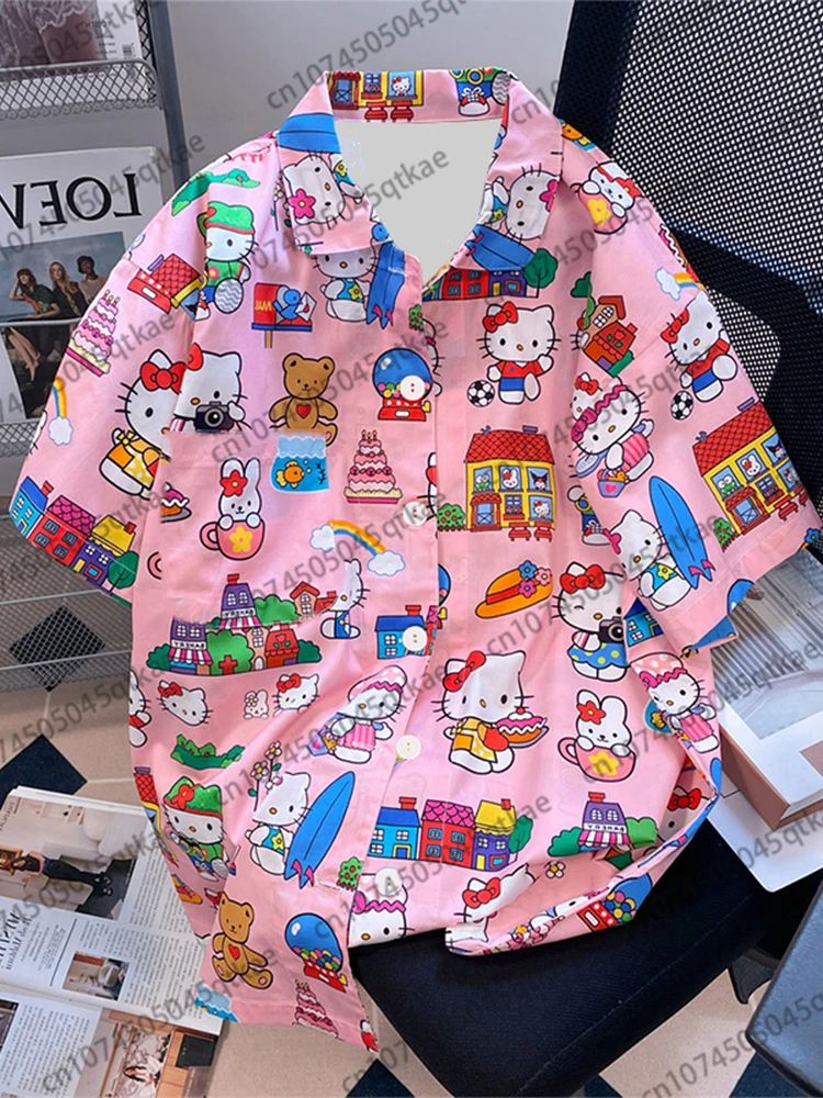 

2025 New Style Cute Cartoon Hello Kitty Full Print Short Sleeve Flower Shirt For Men Women Summer Causal Oversize Hawaiian Shirt