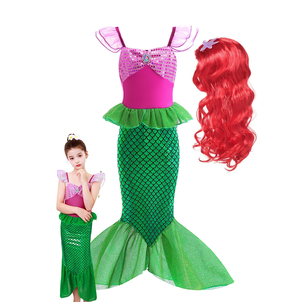

2025 Summer Mermaid Princess Dress For Girl Kids Mermaid Dress Up Sets with Wig Children Carnival Easter Fancy Party Clothing