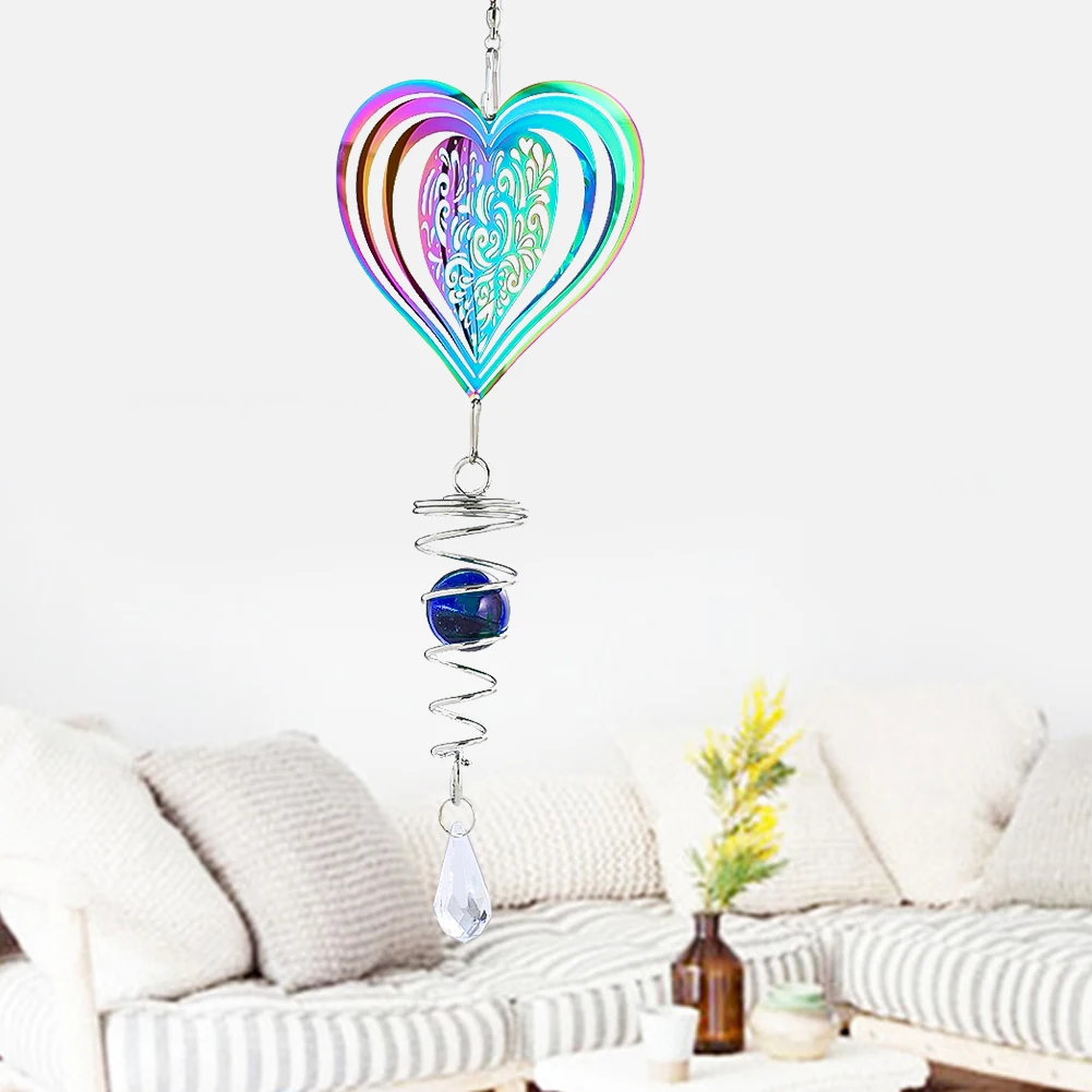 Kinetic Gradient Color Wind Spinner Sculpture 3D Wind Chimes Sun Catcher Gazing Ball Spiral Tail Stabilizer Fairy Garden Hanging