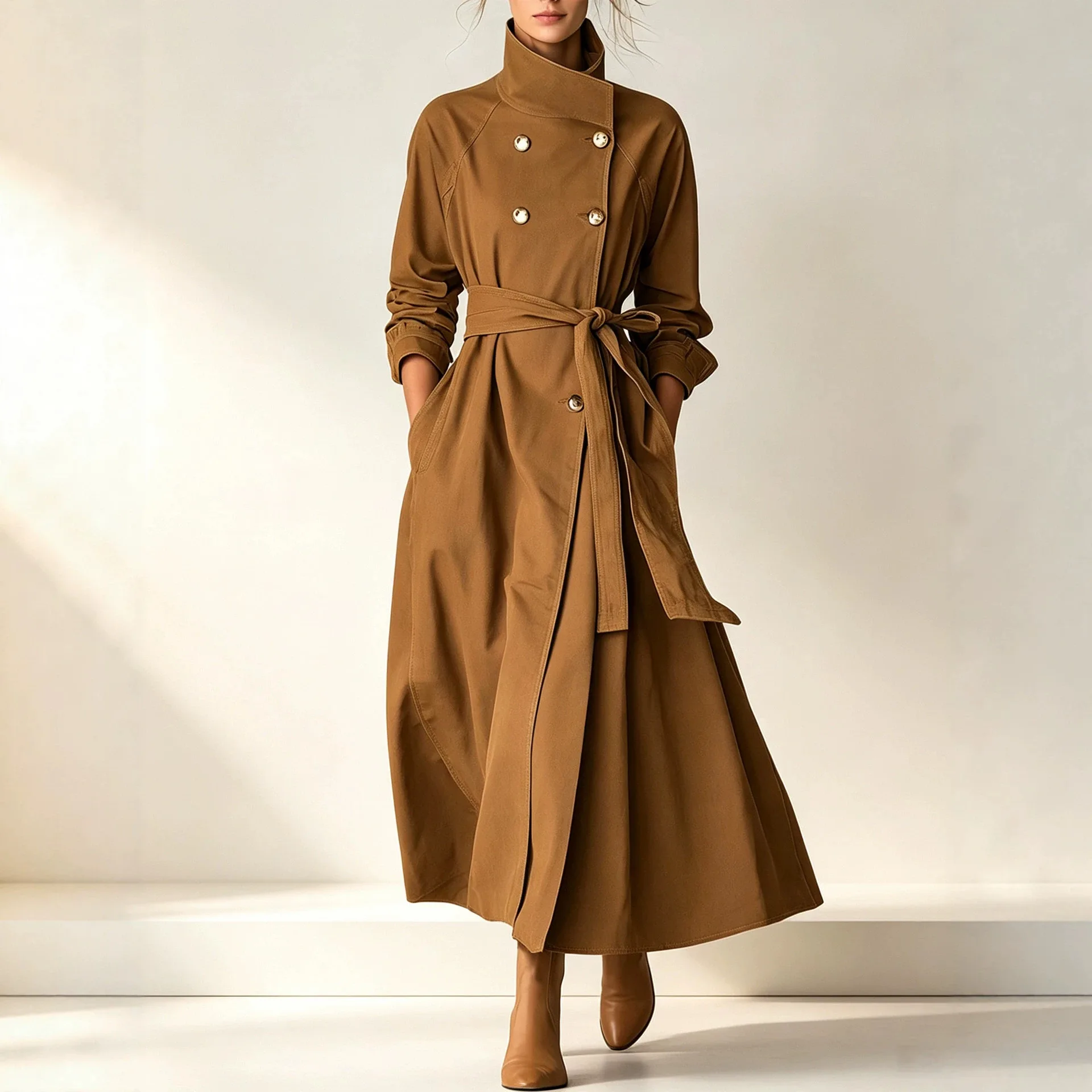 2026 New Women Stand Collar Long Trench Coat Double Breasted Tie Waist Loose Knee Length Jacket Autumn Windbreaker Outerwear
