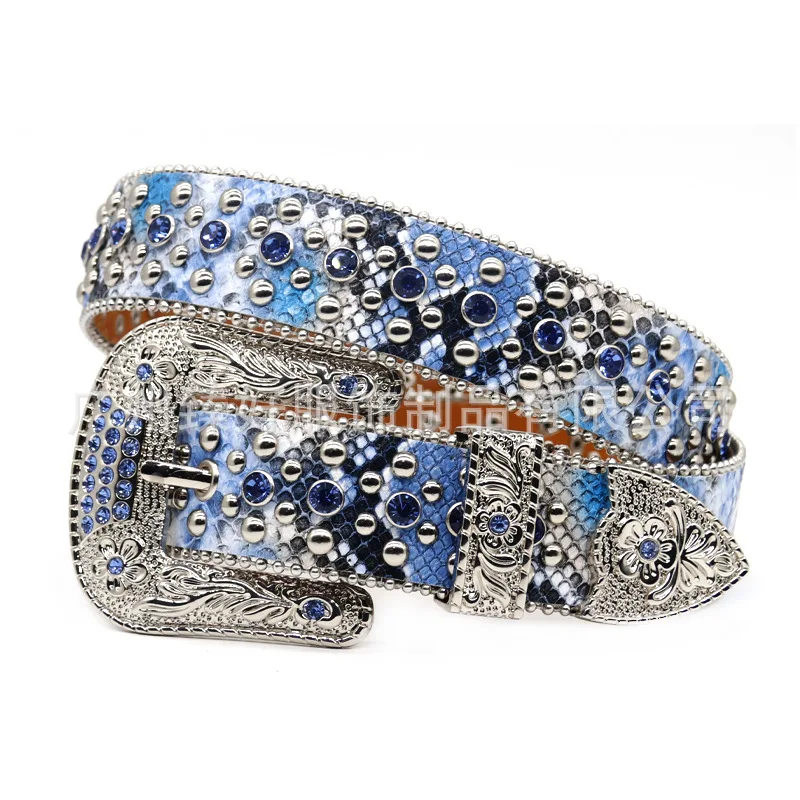 

men fashion punk rock rivets belts blue snake print rhinestone belt womens designer waistband pin buckle diamond studded strapon