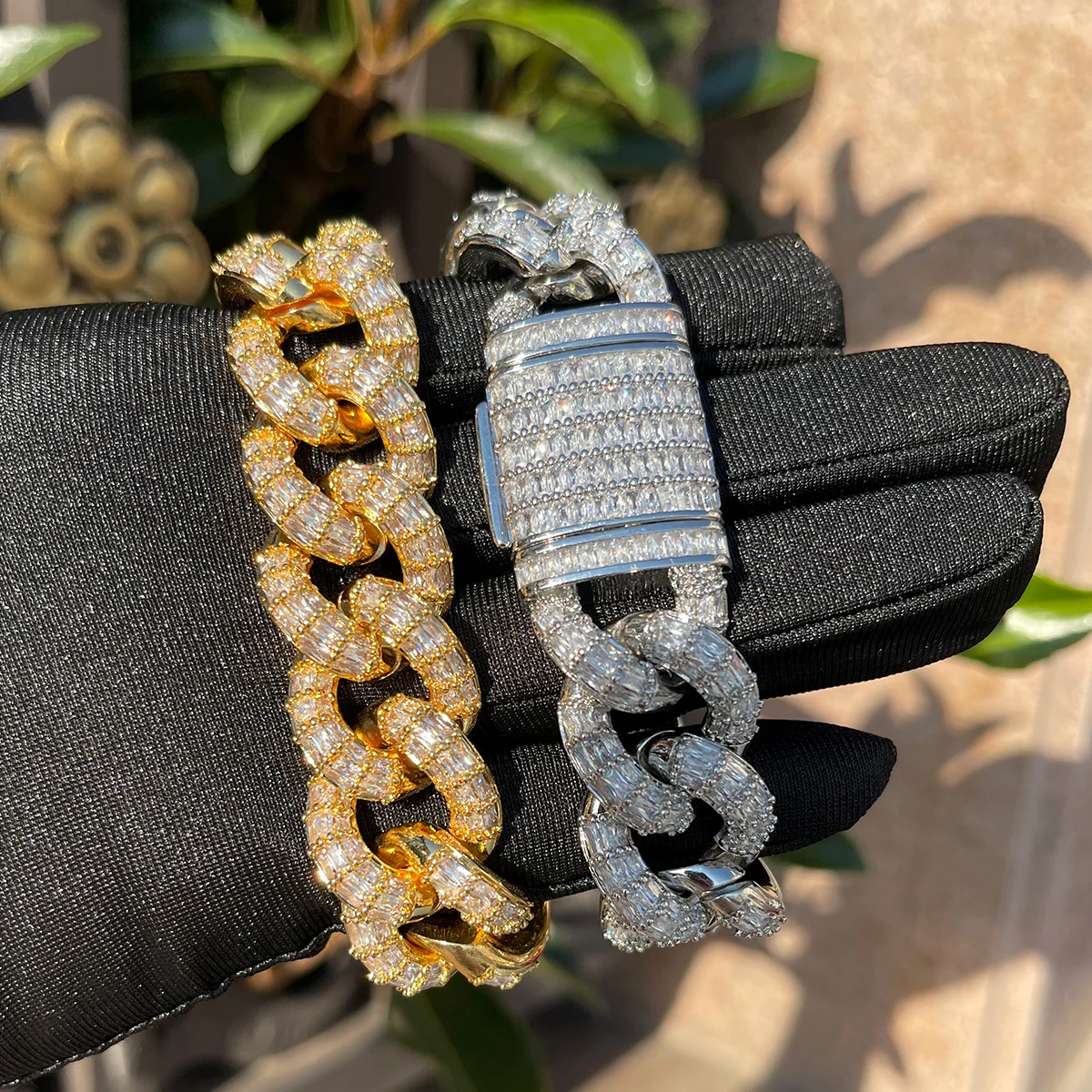 Bubble Letter Baguette Cuban Link Bracelet for Men Iced Out Prong Setting Micro Pave Hip Hop Fashinon  Jewelry Gift