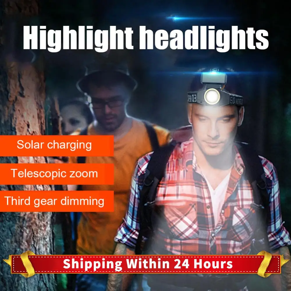 Torcia montata sulla testa Torcia solare ricaricabile tramite USB Lampada frontale impermeabile per la pesca Corsa Forniture da campeggio