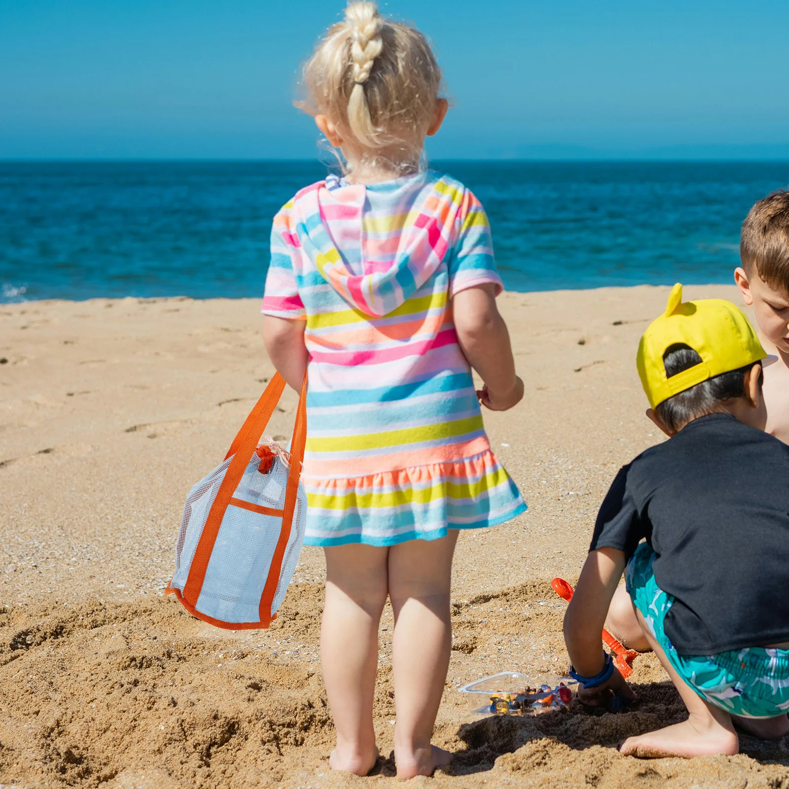 Torba plażowa z nylonowej siatki ze sznurkiem do zbierania muszelek, przechowywania piasku, lekka, przenośna torba do przenoszenia dla dzieci do basenu.