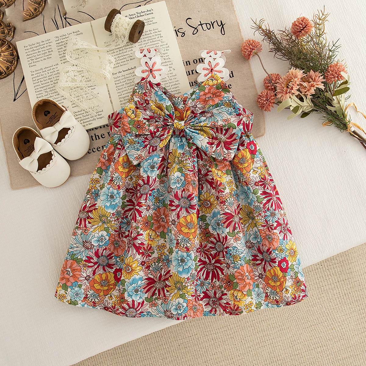 (0-3 Year Old Baby Girl Floral Dress) Summer New Sweet Bow Petal Sling Children'S Sleeveless Clothes Suitable For Beach Parties
