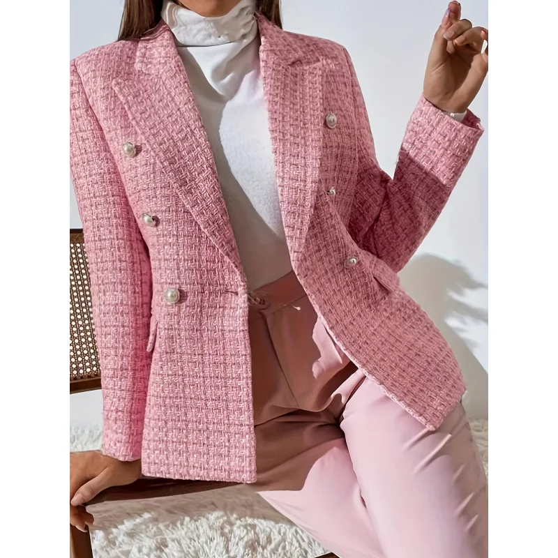 New Plaid Print Double-Breasted Suit Jacket Workwear Stylish Checkered Patterned Formal Outerwear for Professional Settings