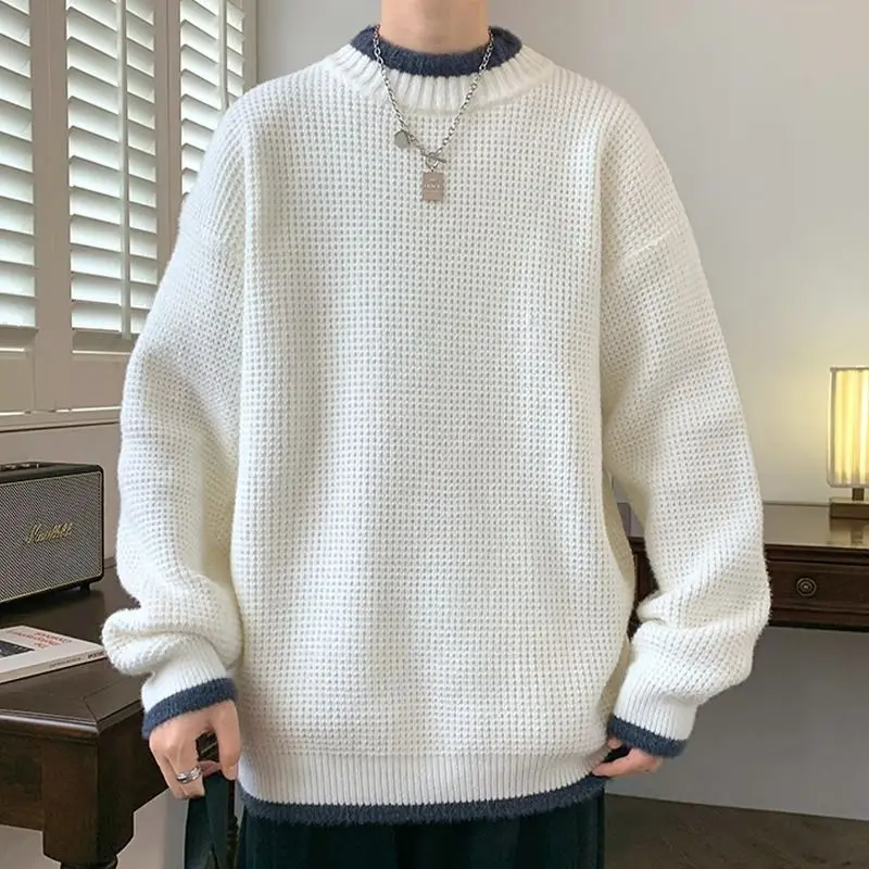 Fake Two Sweaters Men's Autumn and Winter Style Half High Neck Base Knit Sweater Men's Casual Loose and Simple White Top