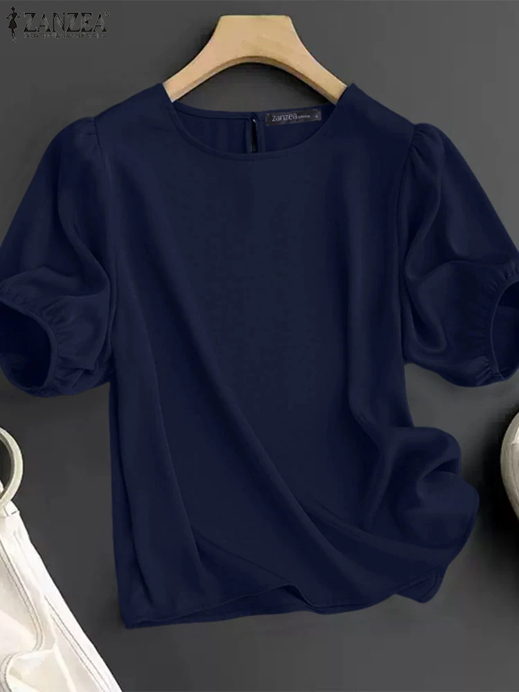 2025 Camicetta estiva da donna ZANZEA Camicia da lavoro solida a maniche corte casual Elegante ufficio Top in raso Elegante O Collo Blusas allentate Tunica