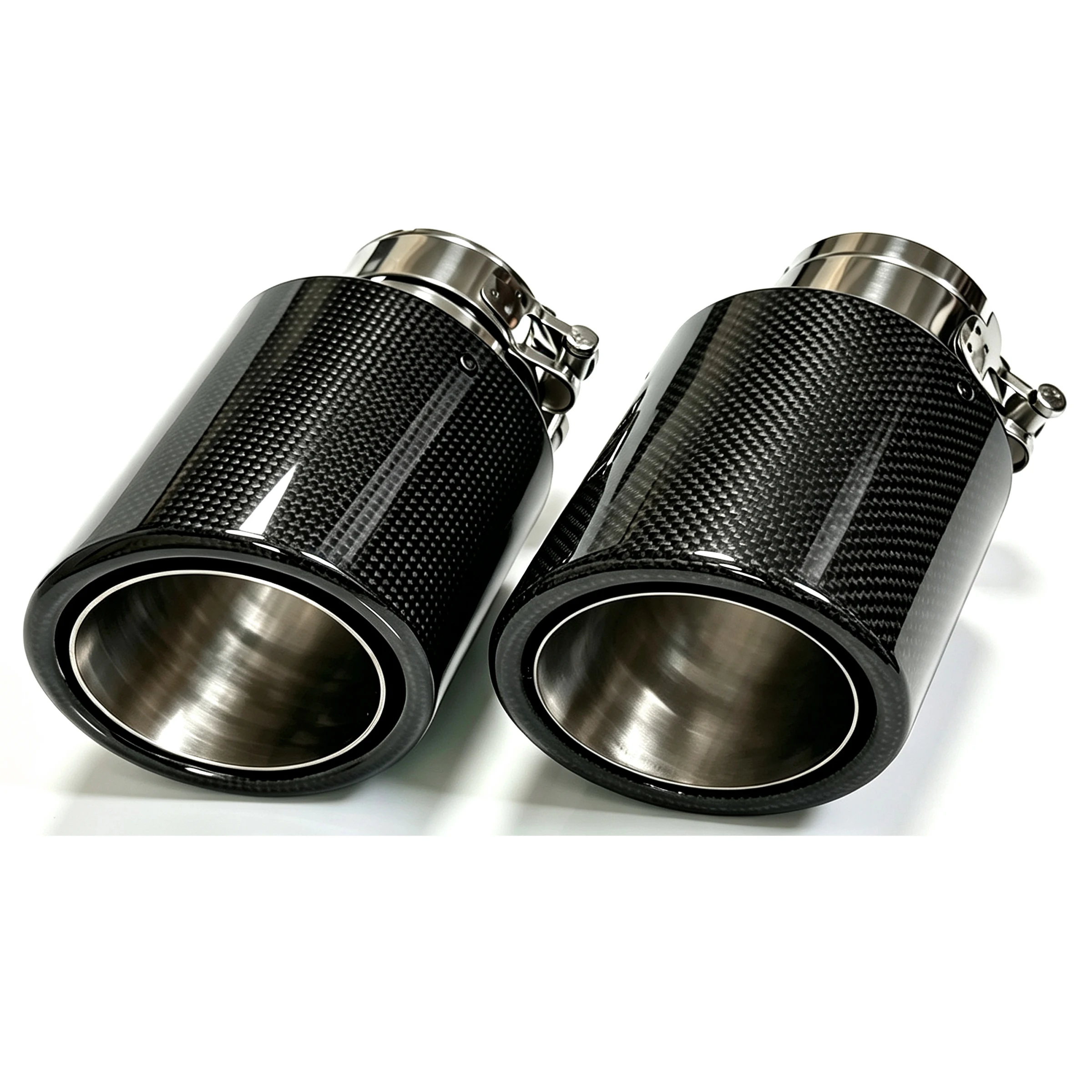 1Pcs Car Glossy  Carbon Fiber Muffler Tip Exhaust System Pipe Mufflers Nozzle Universal Crimping Stainless Steel Silver