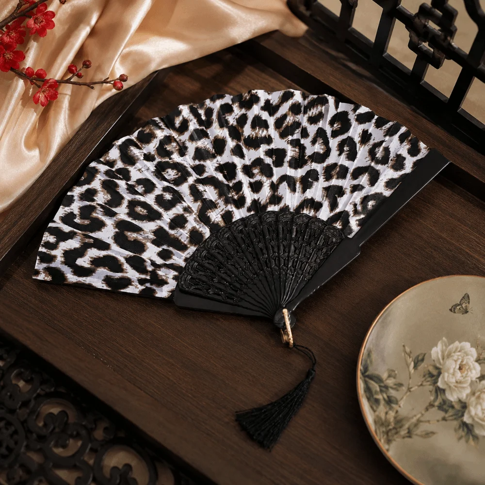 Elegant Collapsible Folding Fan Decorative Handheld Leopard Print Fan Tassel Cloth Fan Female Dance