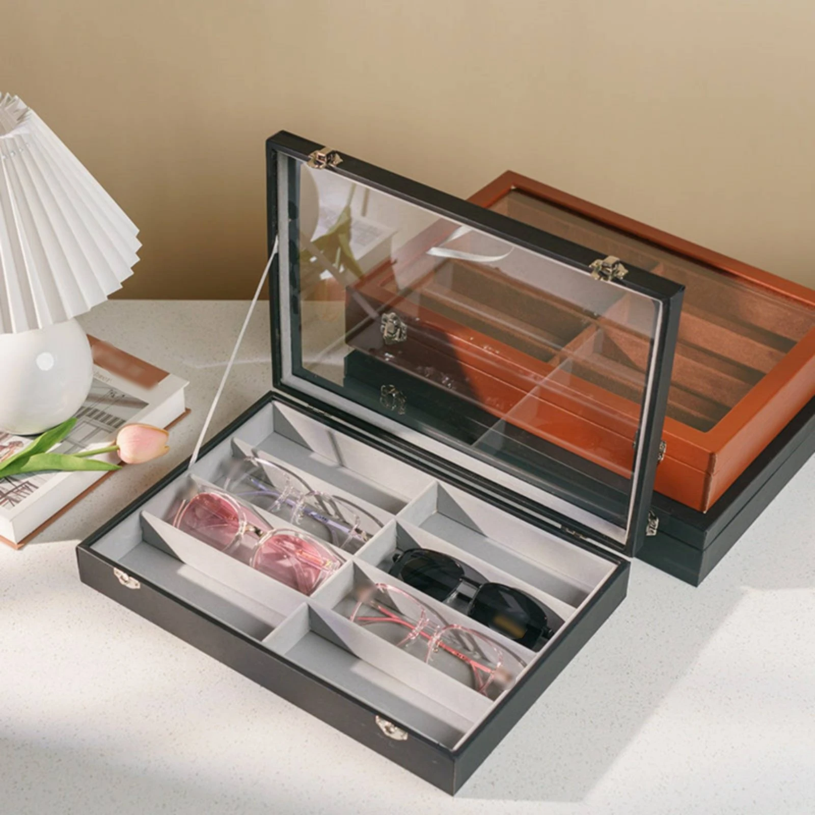 8 Compartment Eyewear Case Velvet Velvet-Lined 8-Slot Glasses Box Sunglasses Storage Box Dustproof Leather Glasses Case Clear