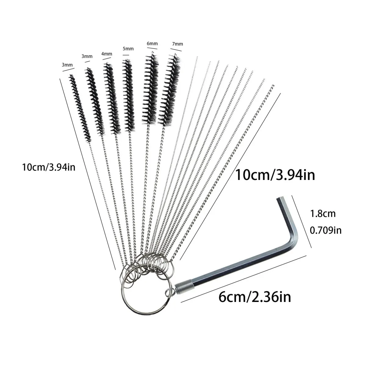 Carburetor cleaning tool set, including 10 cleaning needles, 5 brushes, and L small wrench, for vehicle cleaning and maintenance