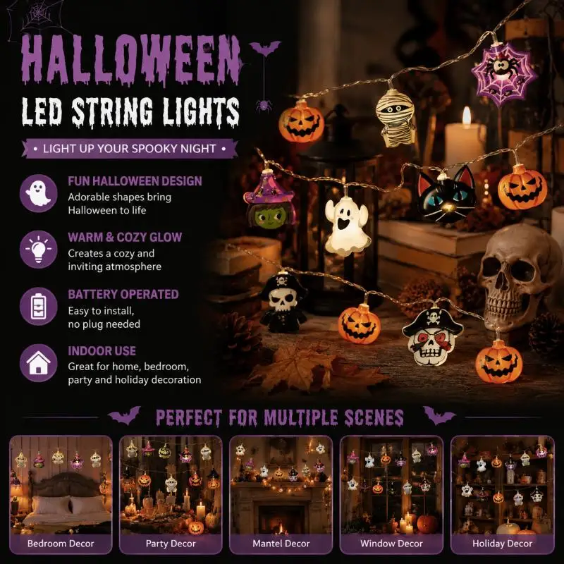 Halloween Ghost Pumpkin LED Fairy String Lights Battery Powered Decorative Lamp for Home Party Bedroom Window Holiday Decor
